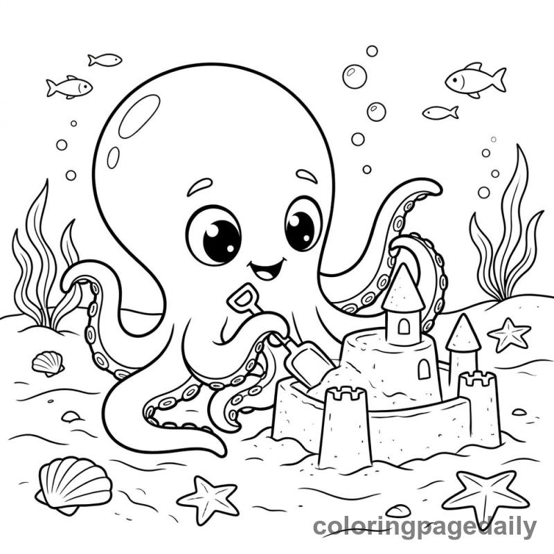 Baby Kraken Builds a Sandcastle - Daily printable coloring page in Mythical Creature category