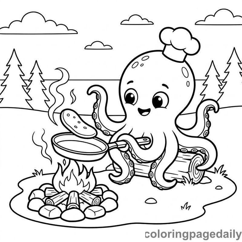 Baby Kraken Cooking Pancakes - Daily printable coloring page in Mythical Creature category