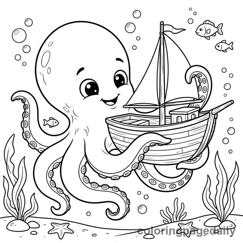 Baby Kraken Hugging Boat - Daily printable coloring page in Mythical Creature category