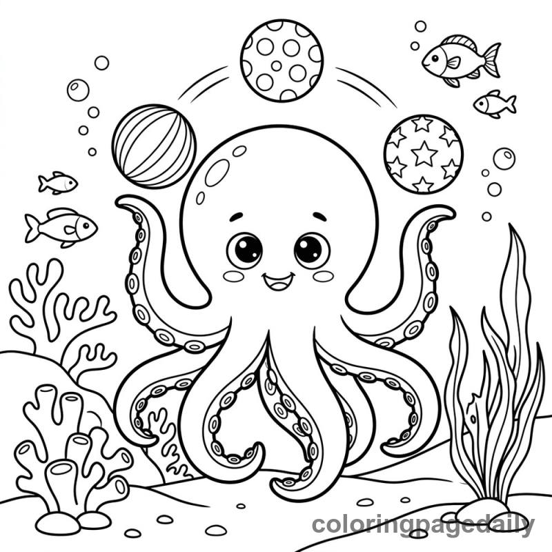 Baby Kraken Juggling Fun - Daily printable coloring page in Mythical Creature category