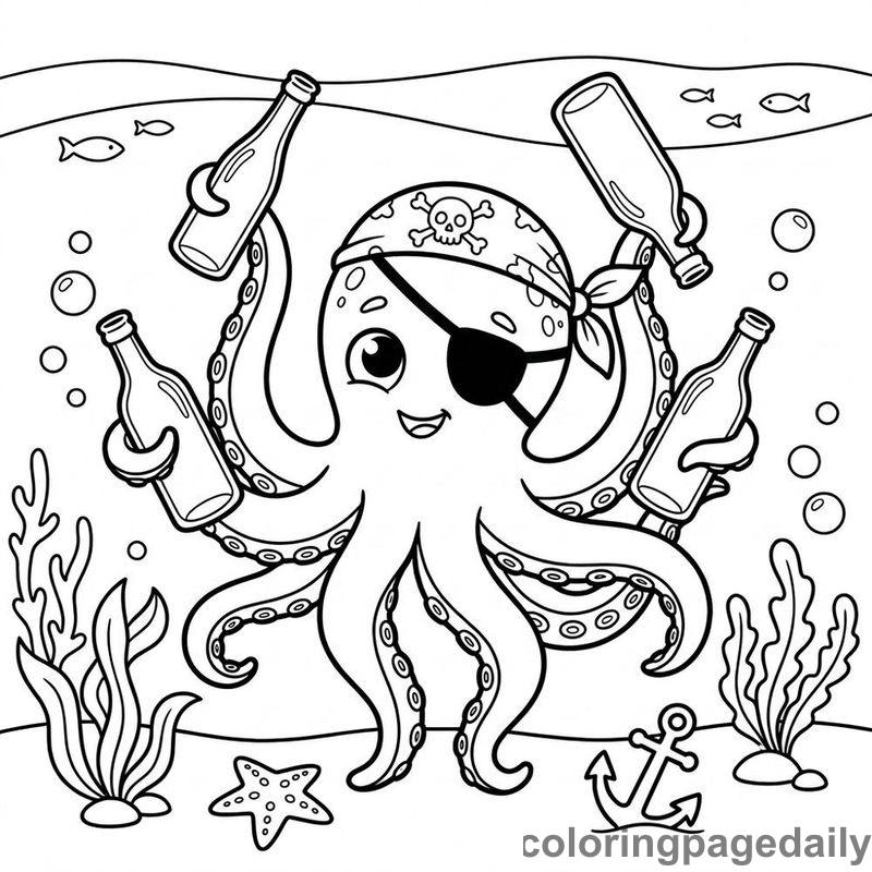 Baby Kraken Juggling Glass Bottles - Daily printable coloring page in Mythical Creature category