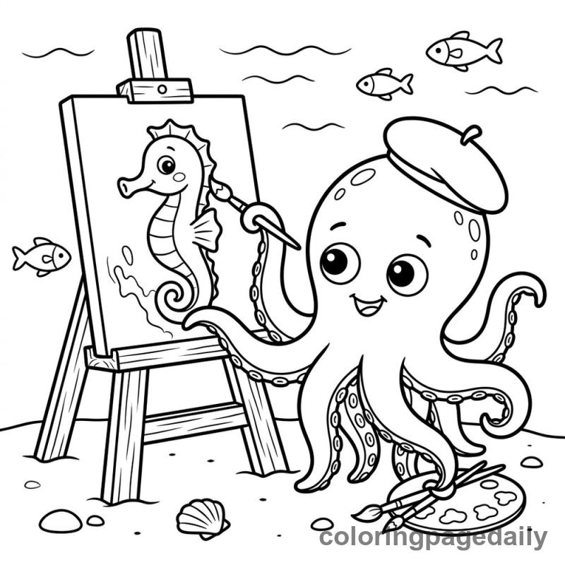 Baby Kraken Painting Seahorse - Daily printable coloring page in Mythical Creature category