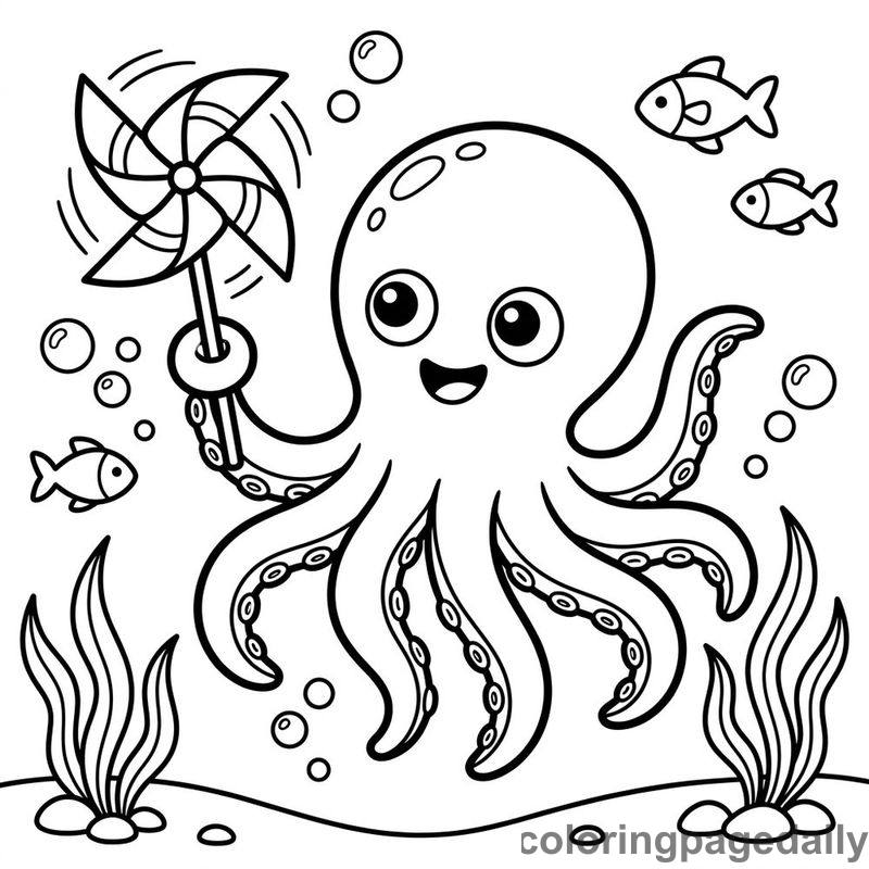 Baby Kraken Pinwheel - Daily printable coloring page in Mythical Creature category