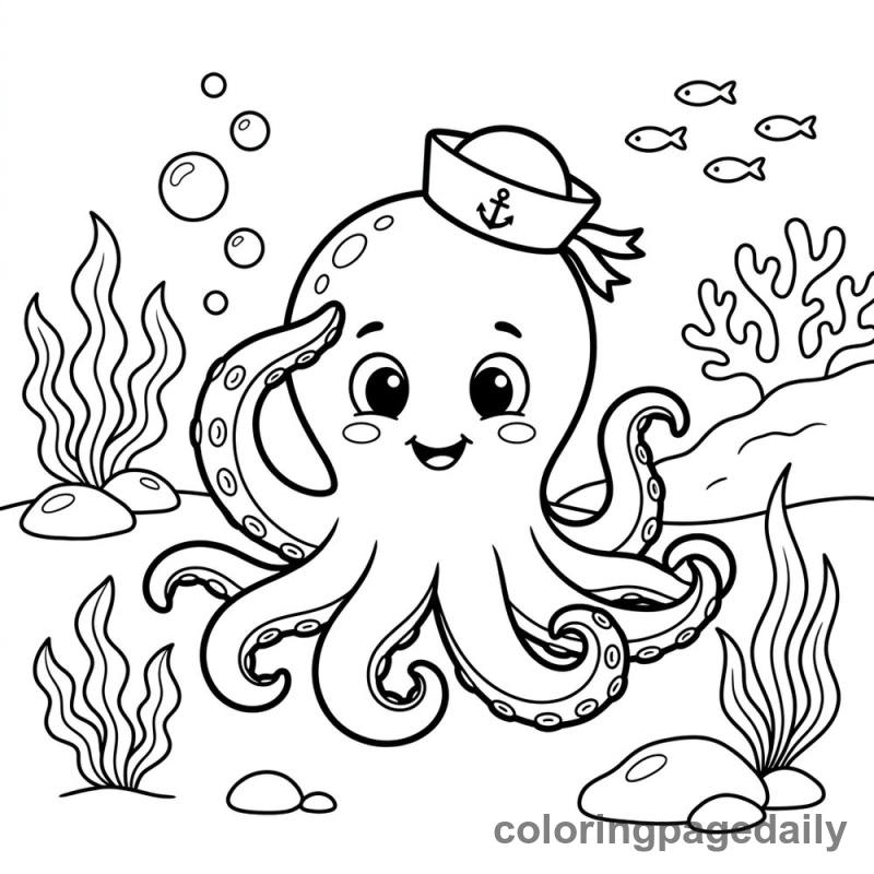 Baby Kraken Sailor - Daily printable coloring page in Mythical Creature category