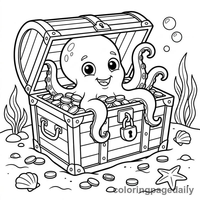 Baby Kraken in Treasure Chest - Daily printable coloring page in Mythical Creature category