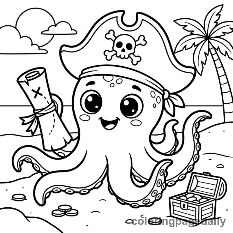 Baby Kraken Treasure Map - Daily printable coloring page in Mythical Creature category