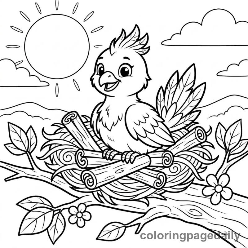 Phoenix Chick's Sunny Nest - Daily printable coloring page in Mythical Creature category