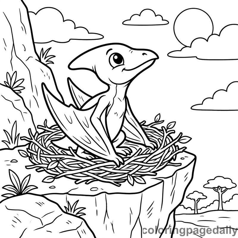Baby Pterodactyl Nest - Daily printable coloring page in Dinosaur category