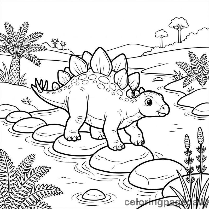 Baby Stegosaurus Crossing The Stream - Daily printable coloring page in Dinosaur category