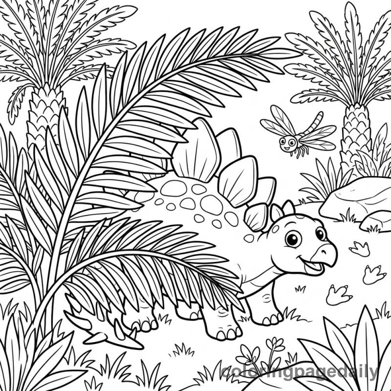 Baby Stegosaurus Plays Hide-and-Seek - Daily printable coloring page in Dinosaur category
