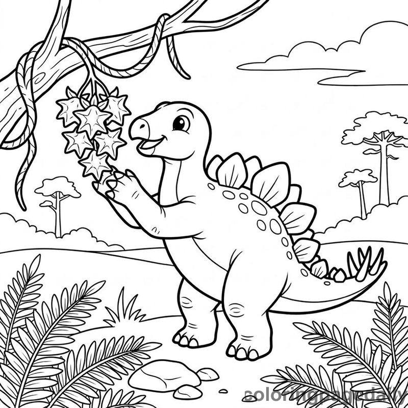 Baby Stegosaurus Reaching Berries - Daily printable coloring page in Dinosaur category
