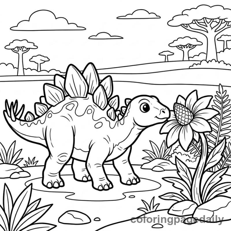 Baby Stegosaurus Sniffing - Daily printable coloring page in Dinosaur category