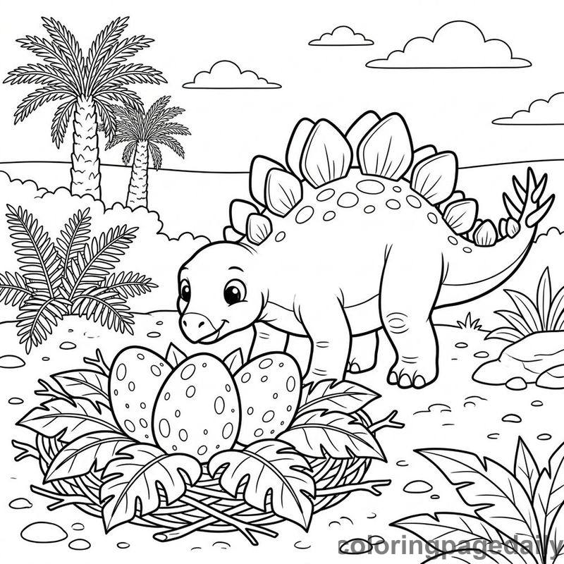 Baby Stegosaurus Sniffing Eggs - Daily printable coloring page in Dinosaur category