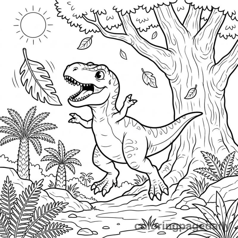Baby T-Rex Catches Leaf - Daily printable coloring page in Dinosaur category