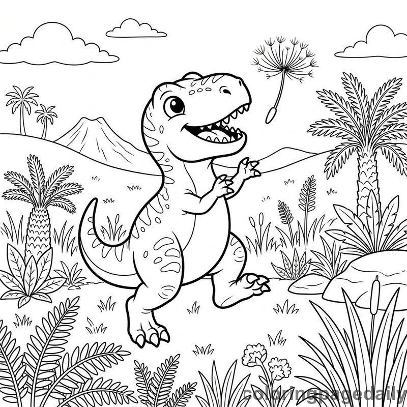 Baby T-Rex Catching Dandelion - Daily printable coloring page in Dinosaur category