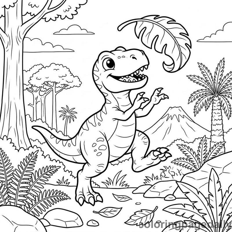 Baby T-Rex Catching Leaf - Daily printable coloring page in Dinosaur category