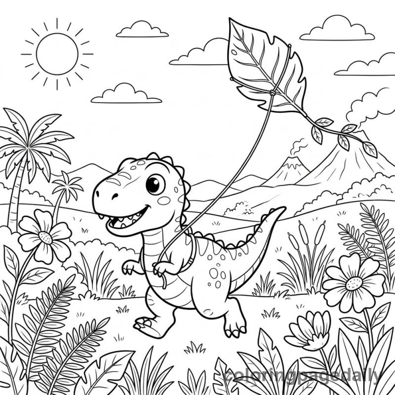 Baby T-Rex Flying Kite - Daily printable coloring page in Dinosaur category