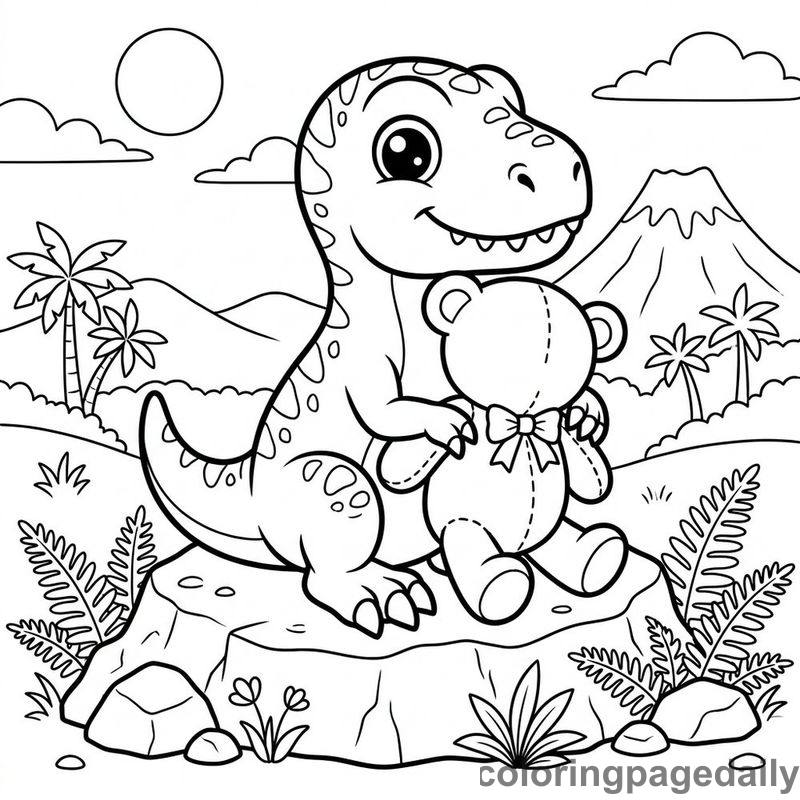 Baby T-Rex Hugging Bear - Daily printable coloring page in Dinosaur category