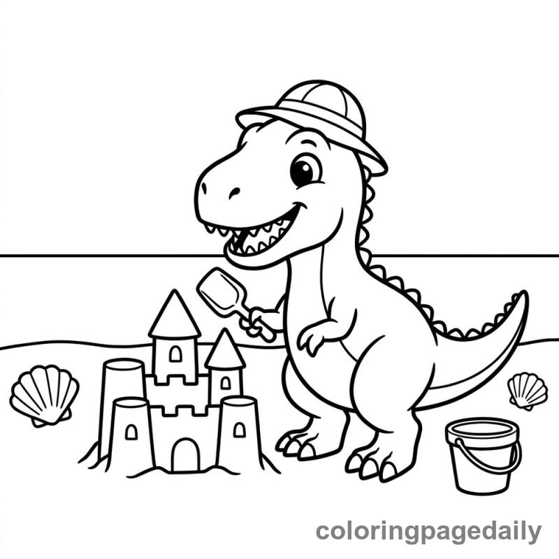 Baby TRex Building Sandcastle - Daily printable coloring page in Dinosaur category