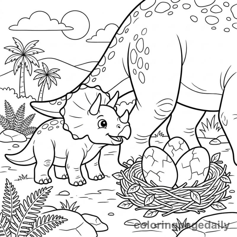 Baby Triceratops and Dinosaur Eggs - Daily printable coloring page in Dinosaur category