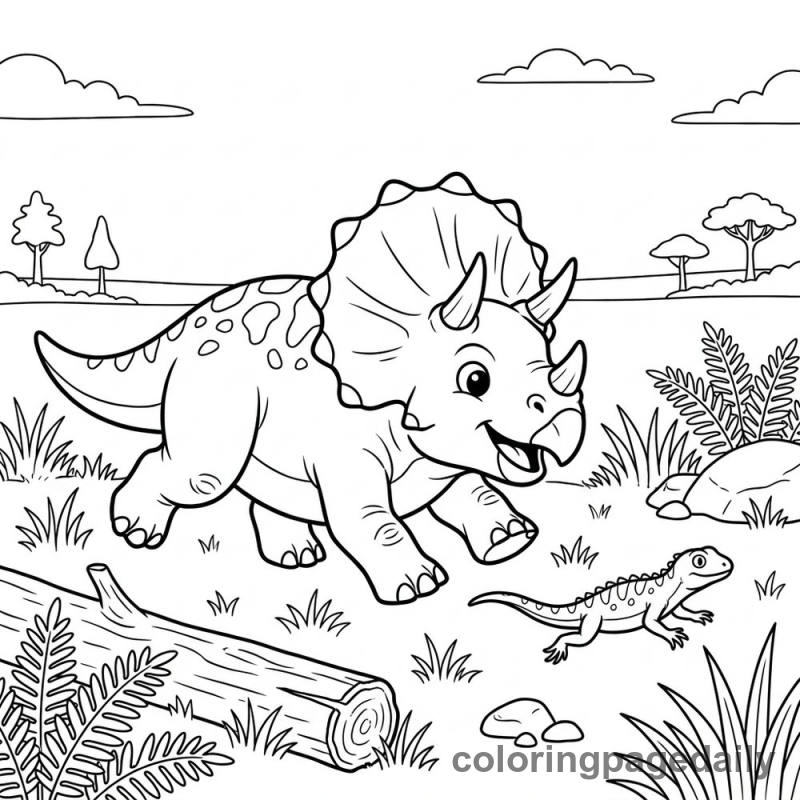 Baby Triceratops Chase - Daily printable coloring page in Dinosaur category