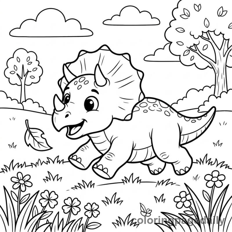 Baby Triceratops Chasing Leaf - Daily printable coloring page in Dinosaur category