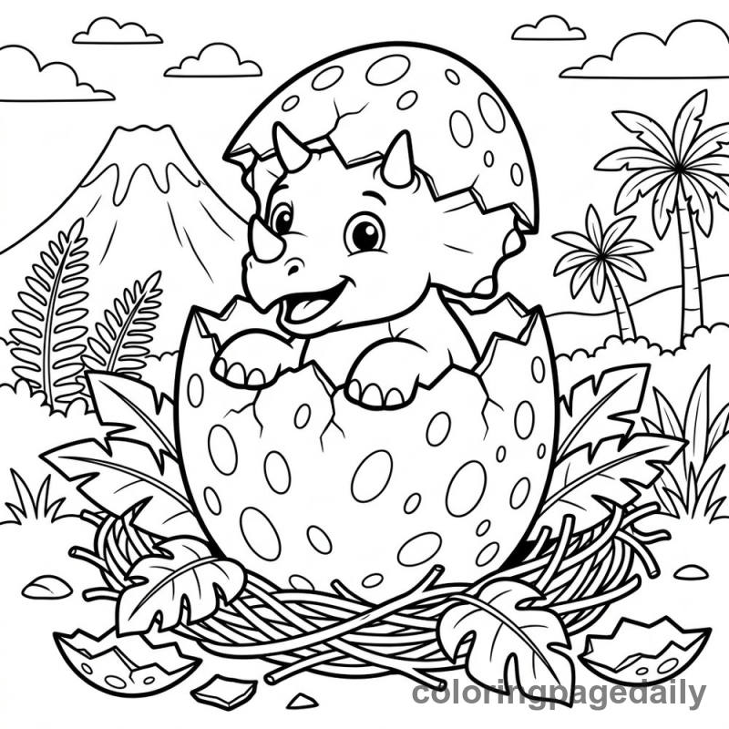 Baby Triceratops Hatches from Egg - Daily printable coloring page in Dinosaur category