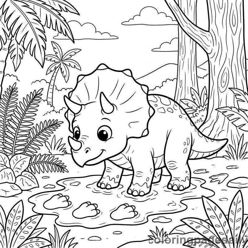 Baby Triceratops Mud Footprints - Daily printable coloring page in Dinosaur category