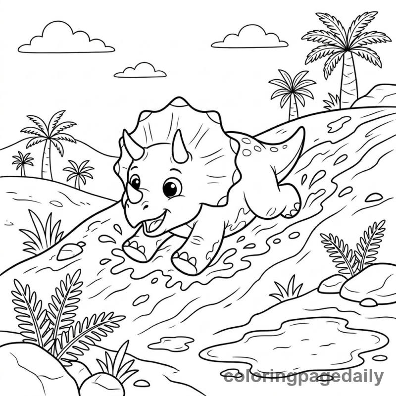 Baby Triceratops Sliding - Daily printable coloring page in Dinosaur category