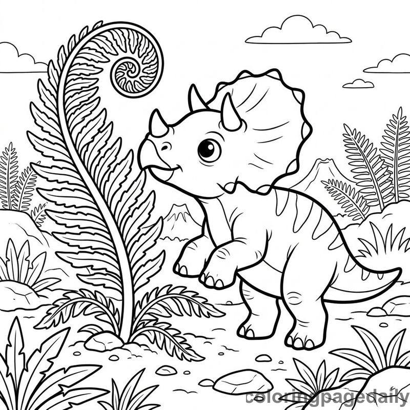 Baby Triceratops Smelling Fern - Daily printable coloring page in Dinosaur category
