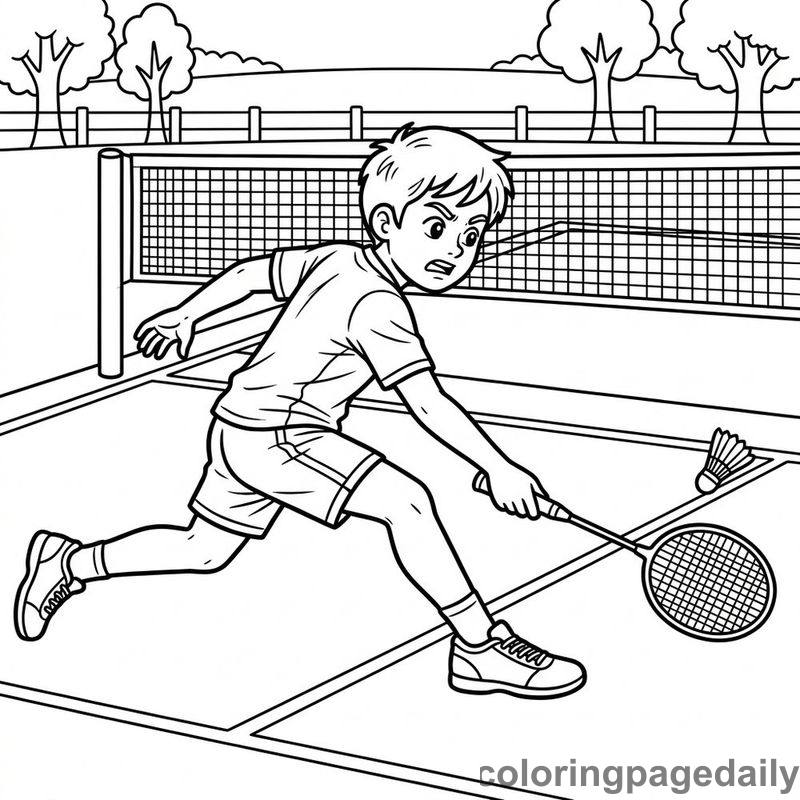 Badminton Player Lunge Save - Daily printable coloring page in Sports category