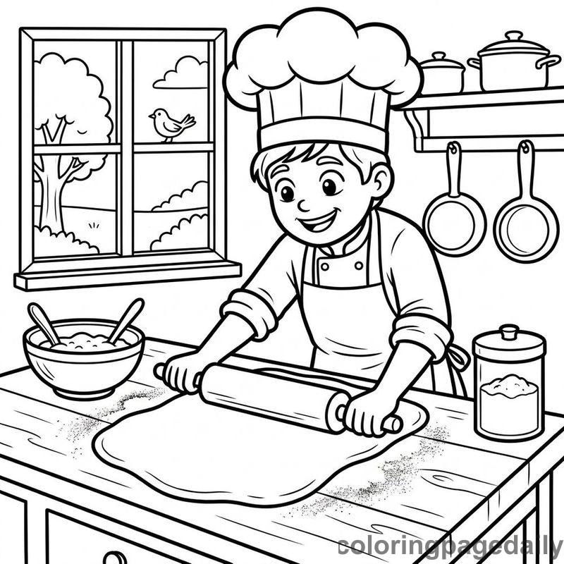 Baker Rolling Out Pastry Dough - Daily printable coloring page in Professions category