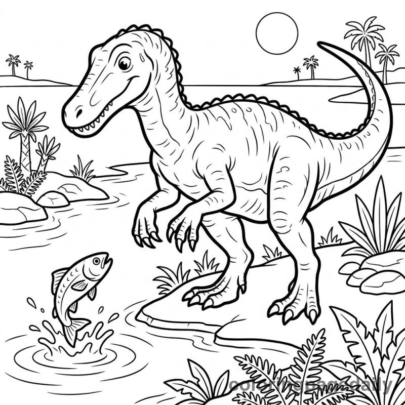 Baryonyx at the River - Daily printable coloring page in Dinosaur category