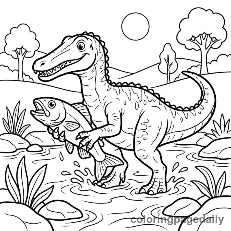 Baryonyx Catches a Fish - Daily printable coloring page in Dinosaur category