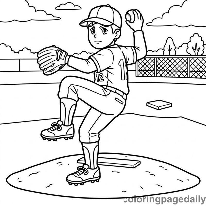 Baseball Pitcher Action - Daily printable coloring page in Sports category