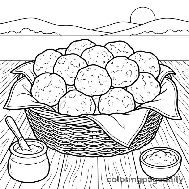 Basket of Brazilian Cheese Bread - Daily printable coloring page in Food category