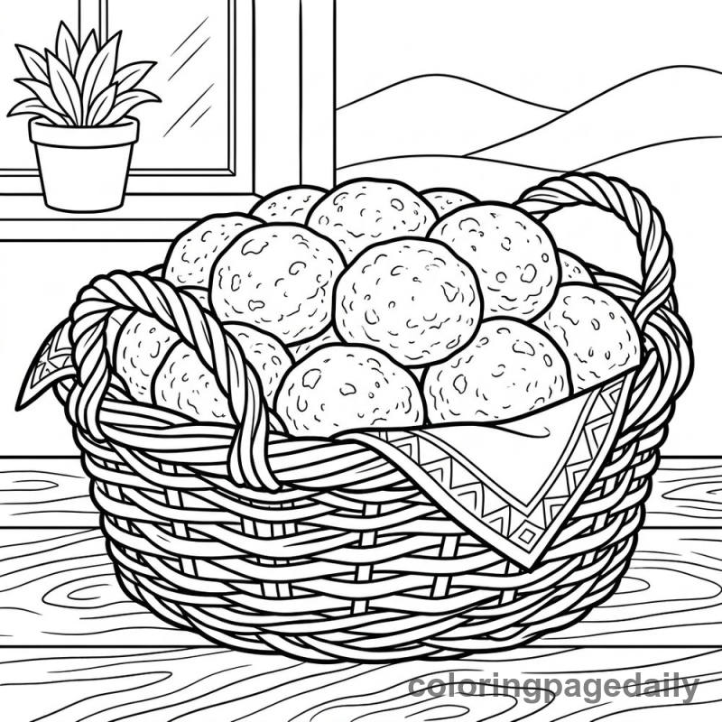 Basket of Brazilian Cheese Bread - Daily printable coloring page in Food category
