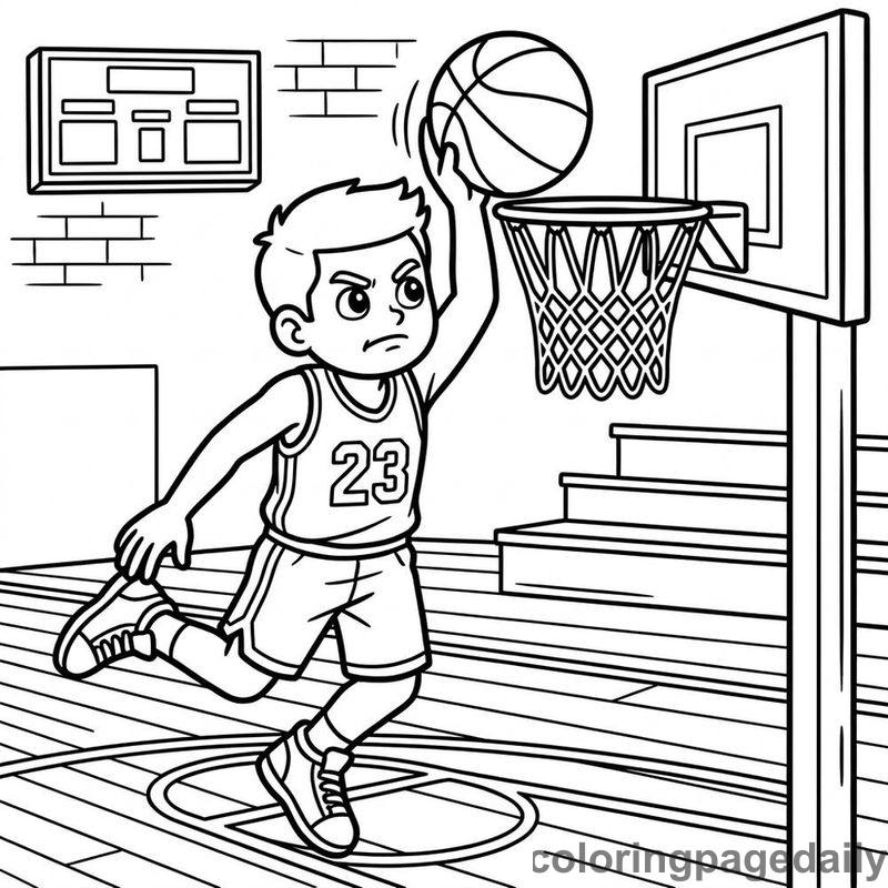 Basketball Player Slam Dunk - Daily printable coloring page in Sports category