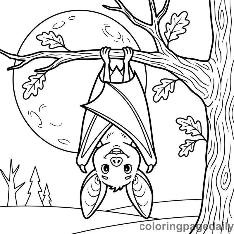 Bat Hanging From Oak Branch - Daily printable coloring page in Halloween and Autumn category