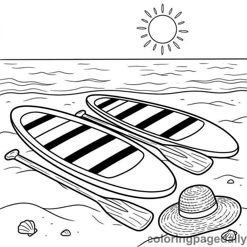 Beach Paddleboards And Sun Hat - Daily printable coloring page in Summer Vacation category