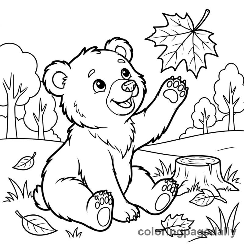 Bear Cub's Autumn Catch - Daily printable coloring page in Animals category