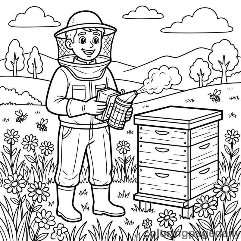 Beekeeper Using Smoker Tool - Daily printable coloring page in Professions category