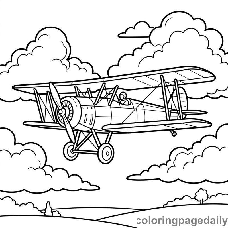 Biplane Cruising Past Clouds - Daily printable coloring page in Vehicle category