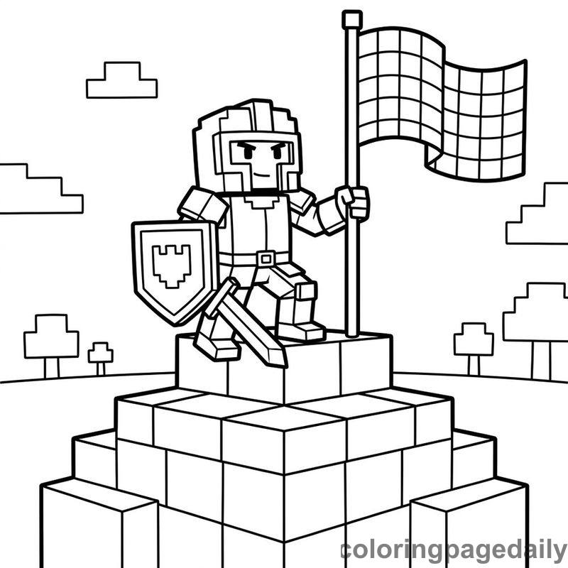 Blocky Knight At Finish Flag - Daily printable coloring page in Video Games and Pixel Art category