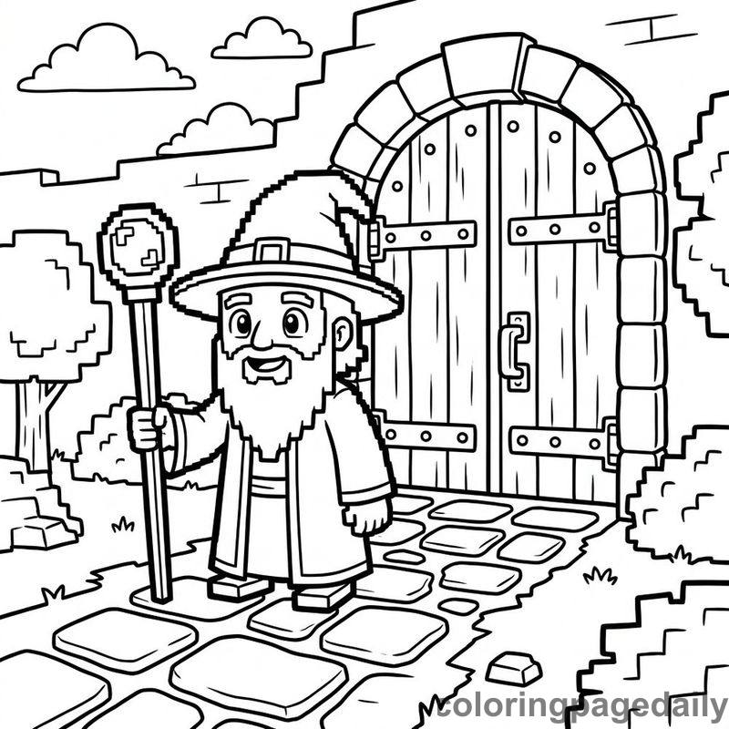 Blocky Wizard At Boss Door - Daily printable coloring page in Video Games and Pixel Art category