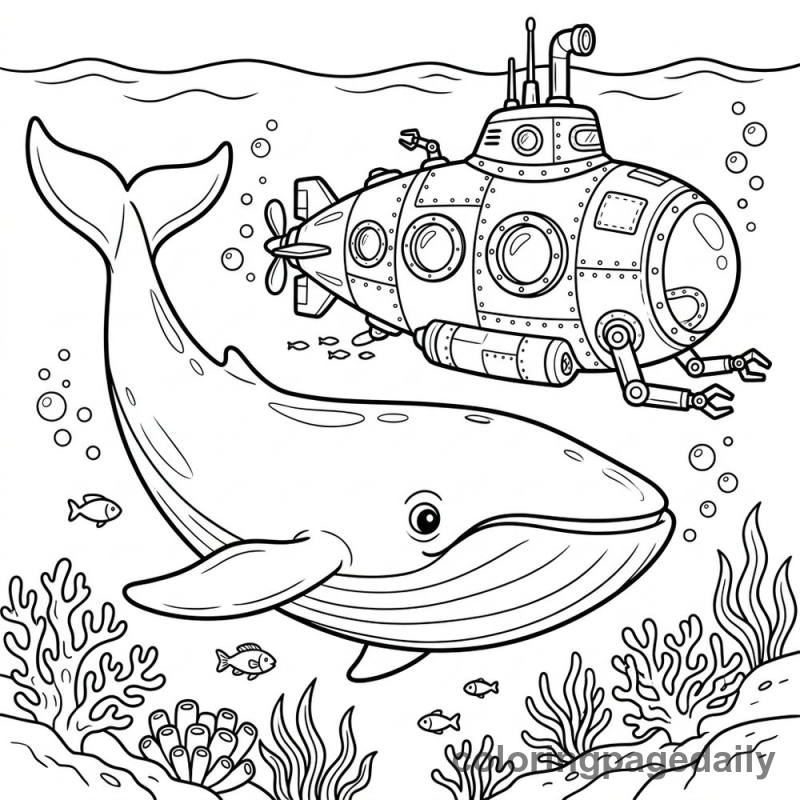 Blue Whale And Submarine - Daily printable coloring page in Ocean and Underwater Life category