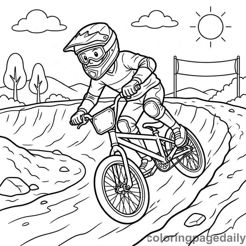 BMX Cyclist Taking Curve - Daily printable coloring page in Sports category