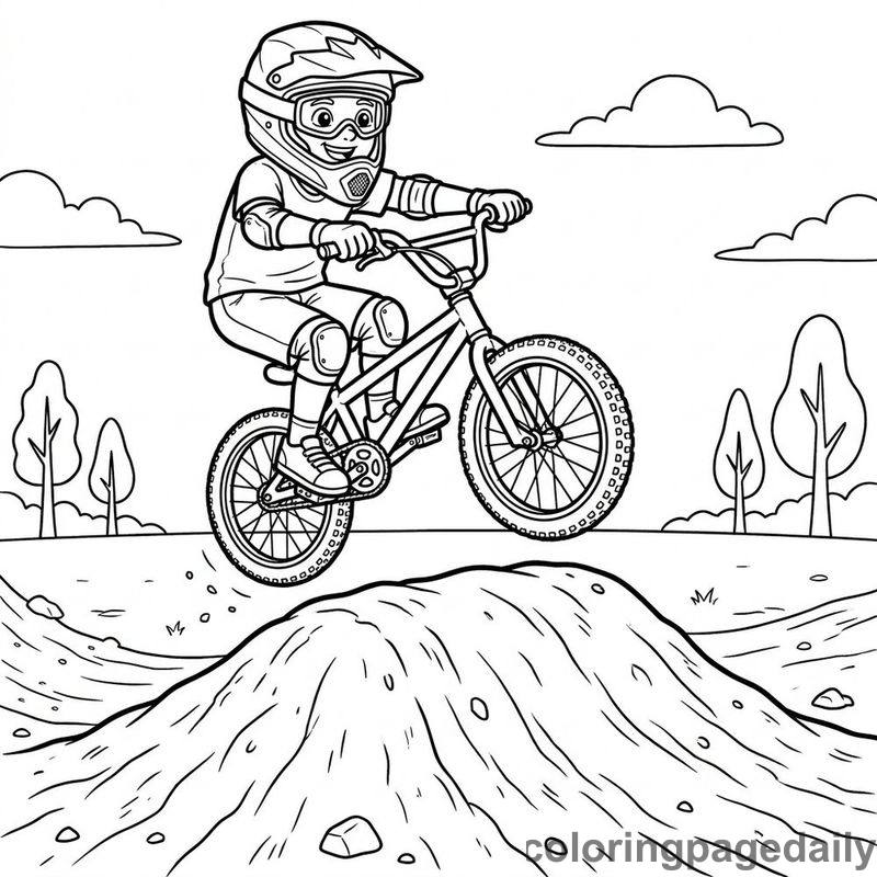 BMX Rider Jumping Dirt Mound - Daily printable coloring page in Sports category