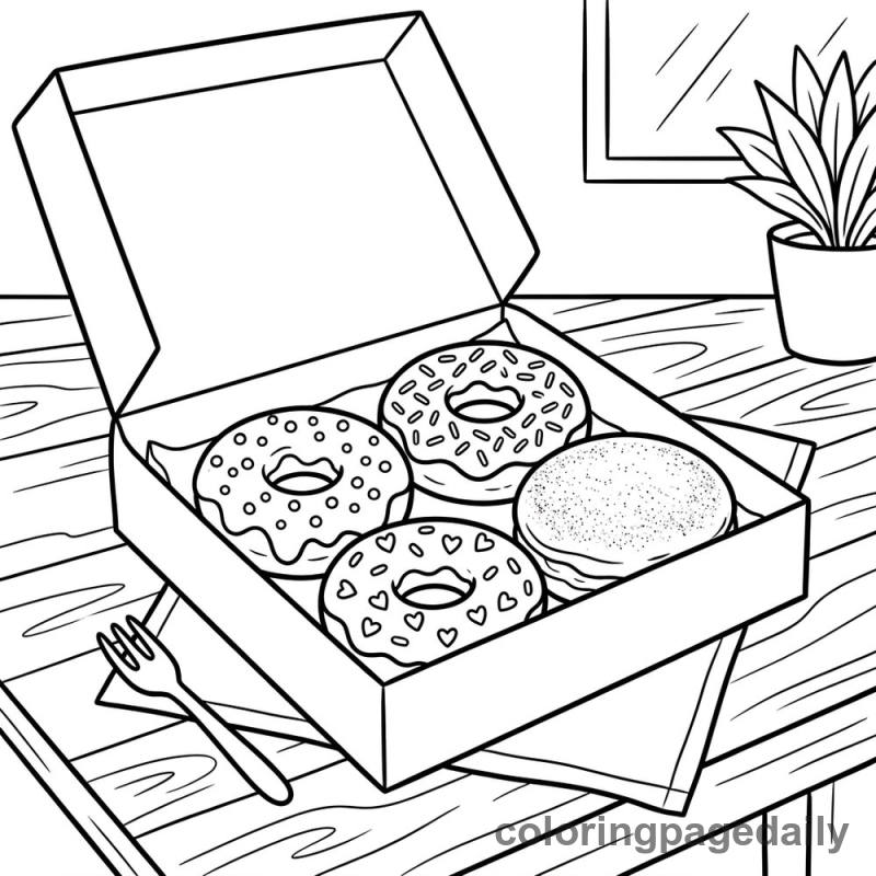 Box of Sweet Donuts - Daily printable coloring page in Food category