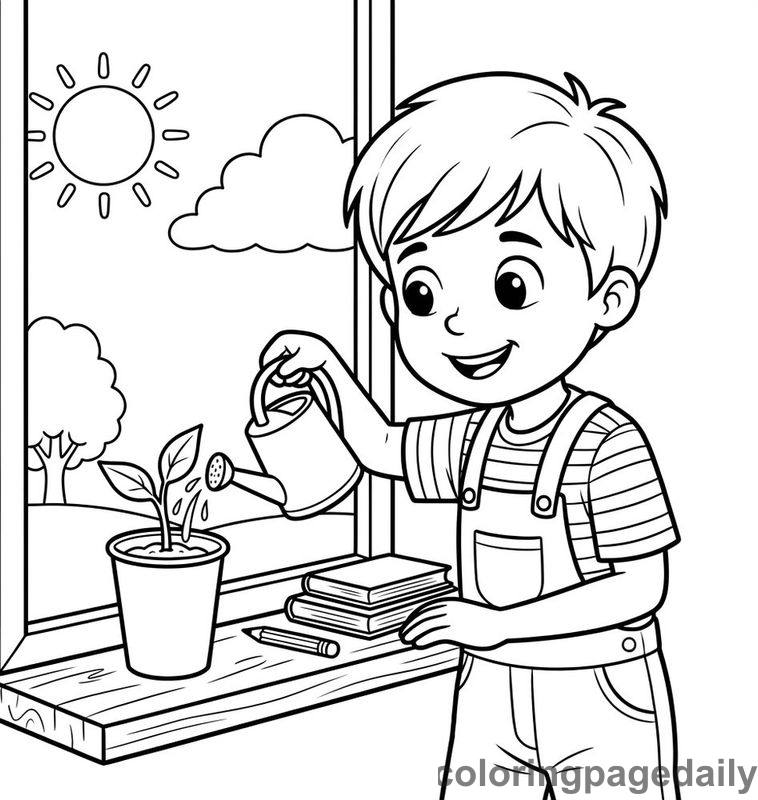 Boy Watering Plant Seedling - Daily printable coloring page in Back to School category